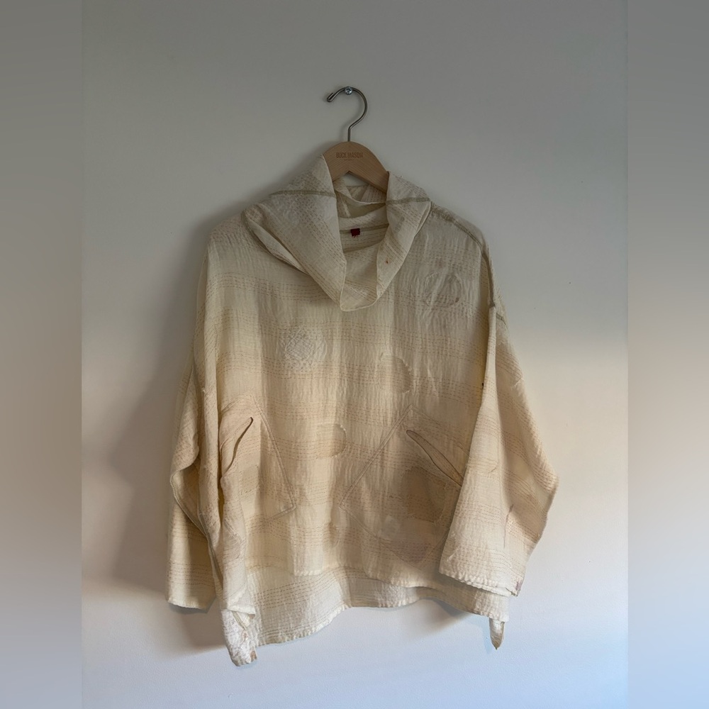 Meiko Mintz cream cowl neck patchwork top
